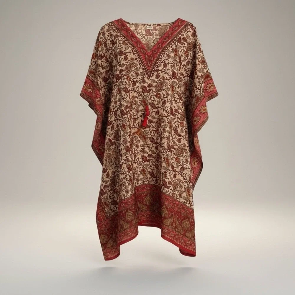 Brhamaki River Of Roses Kaftan Tunic Women Red Beige Boho Beach Cover Up Flowy - Picture 2 of 6